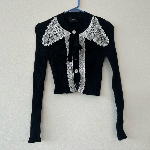 Cider Sweaters - Cider Black Sweater with White Lace Trim